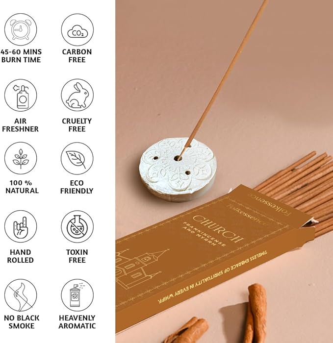 Folkulture Church Incense Sticks with Holder (100 Sticks) |Frankincense & Myrrh Catholic Incense Stick for Prayer, Daily Worship | No Charcoal,Organic,Non Toxic, 45 Mins, Long Burning Insence-Sticks