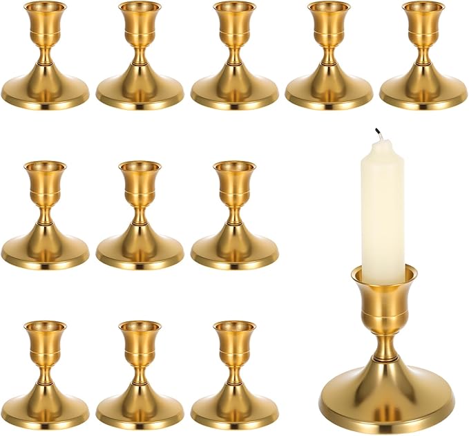 Gold Taper Candle Holder Set of 12,Vintage Small Low Brass Candlestick Holders,Short Skinny Candle Stick Holders for Dinner Room Table Centerpiece or Mantel Wedding Party Decor