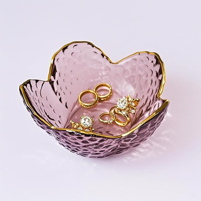 Small Pink Glass Jewelry Dish Tray, Bathroom Jewlery Tray, Flower Ring Dish Jewlry Plate, Crystal Engagement Jewerly Ring Holder for Women, Nightstand Decor Trinket Jewelry Bowl Gift for Mom