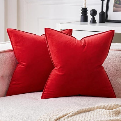 MIULEE Pack of 2 Christmas Bright Red Decorative Velvet Throw Pillow Covers Soft Pillowcases Solid Square Cushion Case for Winter Sofa Bedroom Car 18x18 Inch