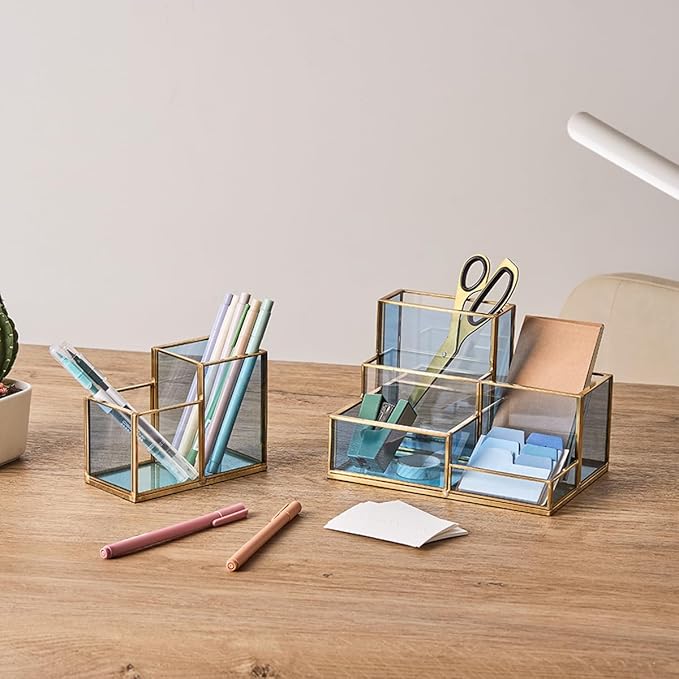 FONDAZZA Gold & Blue Glass Desk Organizer - Elegant Office Decor, Aesthetic Makeup Brush Holder, 2-Compartment Pen Holder, Pencil Cup, Vanity & Cosmetic Storage, Desk Accessories for Women