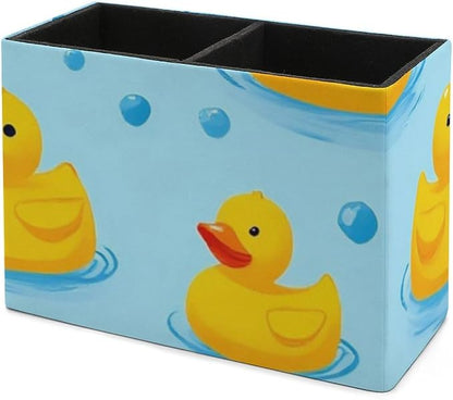 Leather Desk Pen Container Large Table Pencil Holder Makeup Brush Storage Yellow Rubber Ducks Bubbles