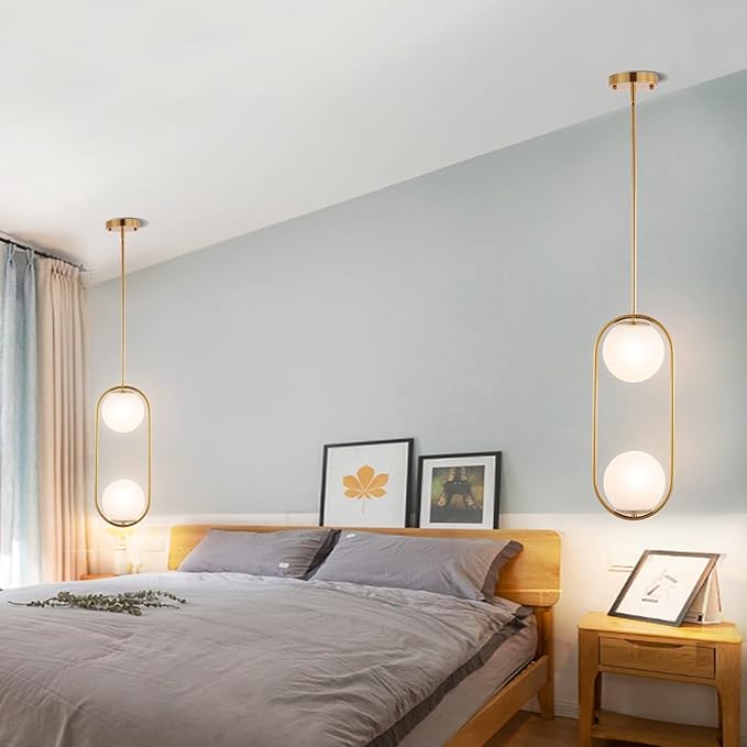 Modern Gold Globe Chandelier 2-Lights Mid Century Pendant Light Brushed Brass Ceiling Hanging Lighting Fixture with White Globe Glass Lampshade for Kitchen Island Dining Room Bedroom