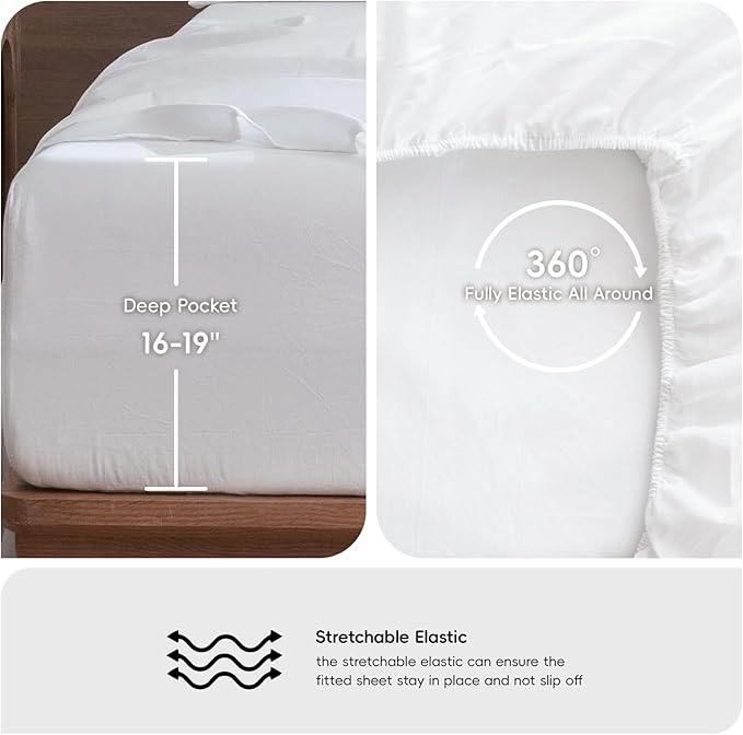 MooMee Bedding Sheet Set 100% Washed Cotton Linen Like Textured Breathable Durable Soft Comfy (Solid Bright White, Twin)