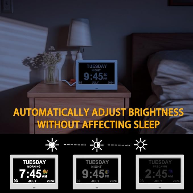Alarm Clock with Day and Date for Elderly Digital Calendar Clock Photo Frame- Auto Dimmable Display 15 Alarm Options (7inch White)