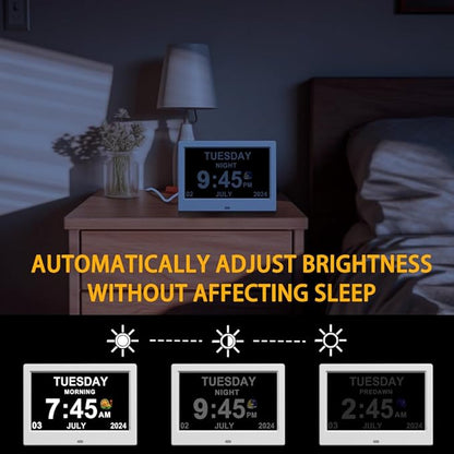 Alarm Clock with Day and Date for Elderly Digital Calendar Clock Photo Frame- Auto Dimmable Display 15 Alarm Options (7inch White)
