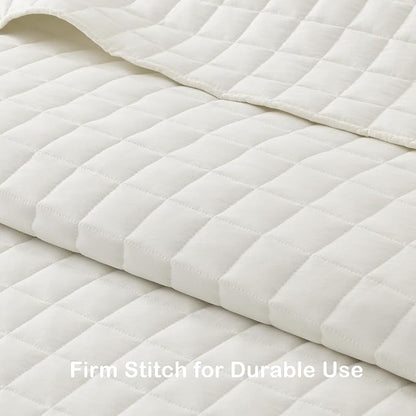 HORIMOTE HOME Ivory Ruffled Quilt Set Twin Size, Classic Geometric Square Stitched Pattern, Pre-Washed Farmhouse Shabby Chic Microfiber Lightweight Bedding Set Bedspread Coverlet for All Season