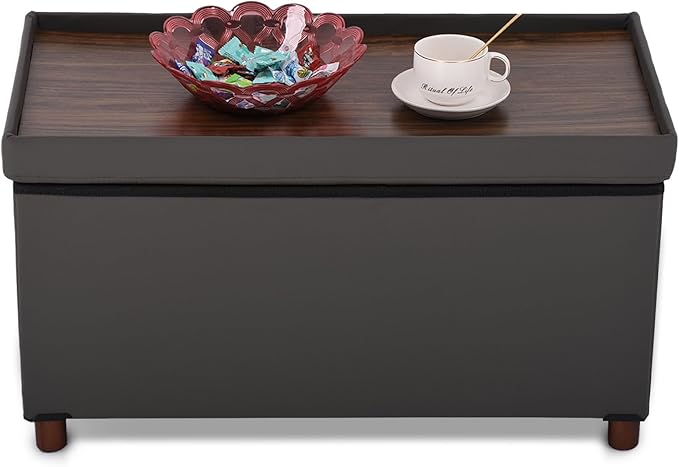 Ottoman Storage Bench for Living Room with Tray, Bedroom Foot Stool, Coffee Table Lid, End of Bed Faxu Leather 30" Inch (L-Grey)