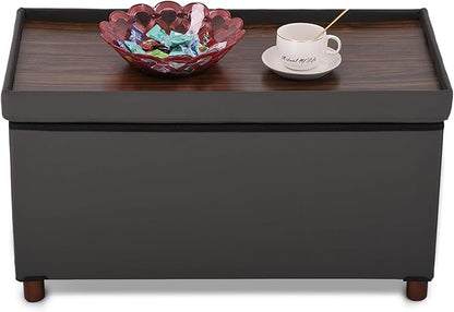 Ottoman Storage Bench for Living Room with Tray, Bedroom Foot Stool, Coffee Table Lid, End of Bed Faxu Leather 30" Inch (L-Grey)