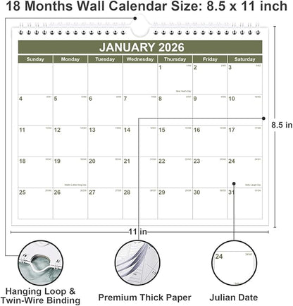 Calendar 2026-2027 - Wall Calendar 2026-2027 from January 2026 - June 2027, Spiral Binding Hanging Wall Calendar 2026 for Home/Office, 8.5" x 11", Green