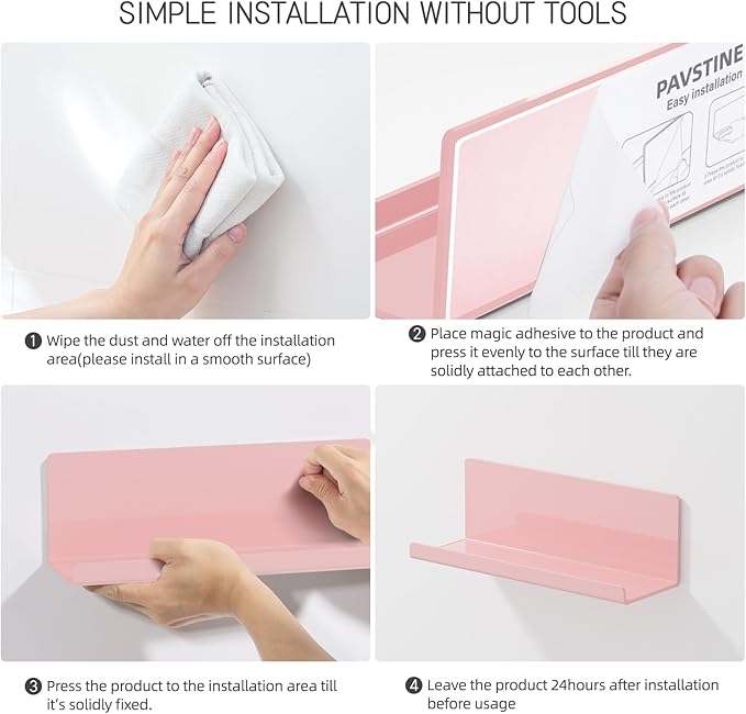PAVSTINE Adhesive Floating Shelves for Wall No Drilling, 12 Inch Acrylic Self Adhesive Shelves, Stick on Shelves, Dorm Wall Shelf, for Bathroom, Kitchen, Bedroom, Office, Gaming Room, Pink