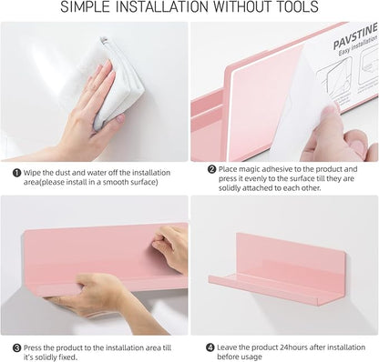 PAVSTINE Adhesive Floating Shelves for Wall No Drilling, 12 Inch Acrylic Self Adhesive Shelves, Stick on Shelves, Dorm Wall Shelf, for Bathroom, Kitchen, Bedroom, Office, Gaming Room, Pink