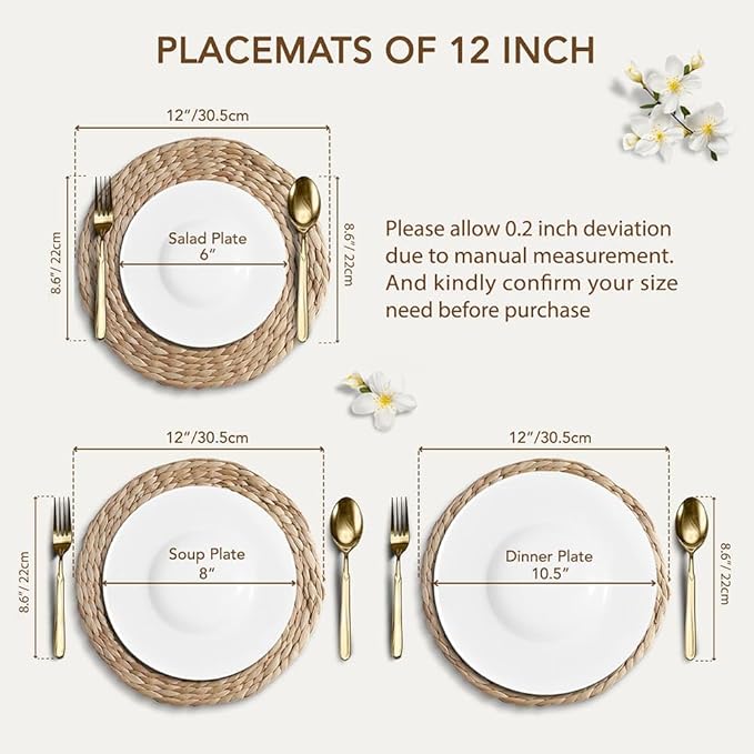 Natural Round Placemats Set of 6, 12 inch Woven Placemats, Herringbone Pattern, Table Mats Braided Heat Proof, Farmhouse Boho Table Place Mat Ourdoor Wicker Chargers for Dinner Plates
