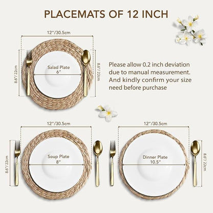 Natural Round Placemats Set of 8, 12 inch Woven Placemats, Herringbone Pattern, Table Mats Braided Heat Proof, Farmhouse Boho Table Place Mat Ourdoor Wicker Chargers for Dinner Plates