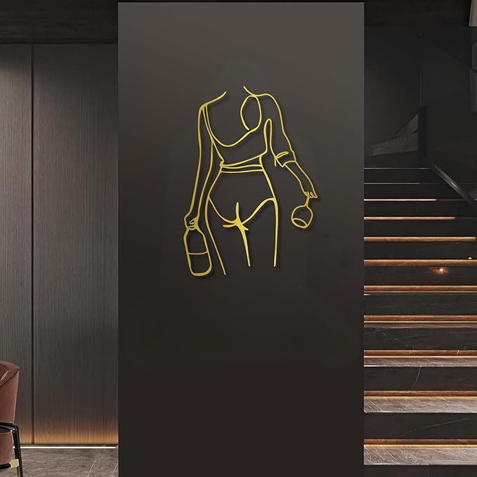 Metal Wall Art Woman Drinking Wine, Gold 23.6"x16.9",Modern Minimalist Abstract Line Sculpture, Feminine Wall Decor for Living Room, Dining Room, Bar, Kitchen, Perfect Wine Lover Birthday Housewarming Gift