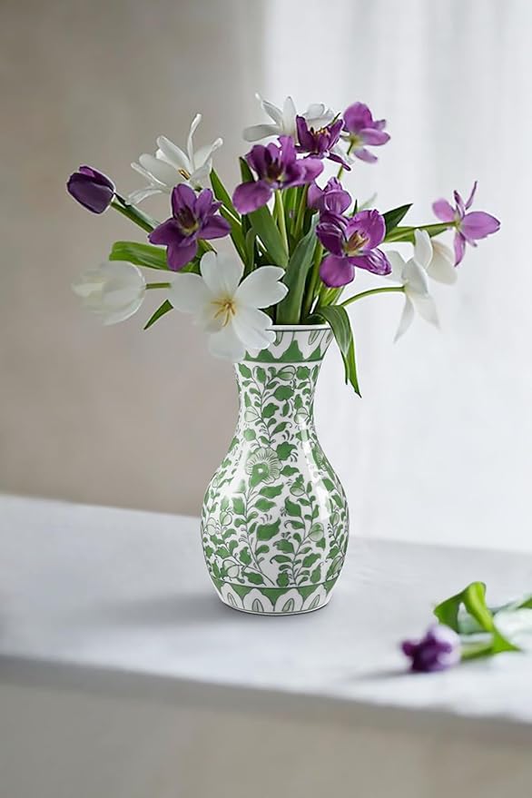 Green and White Ceramic Vase, 11" Tall Chinoiserie Vase in Wide Mouth, Vintage Green Flower Vases Decorative Vases for Home Decor, Table Centerpiece, Living Room, Dining Room, Entryways Decor