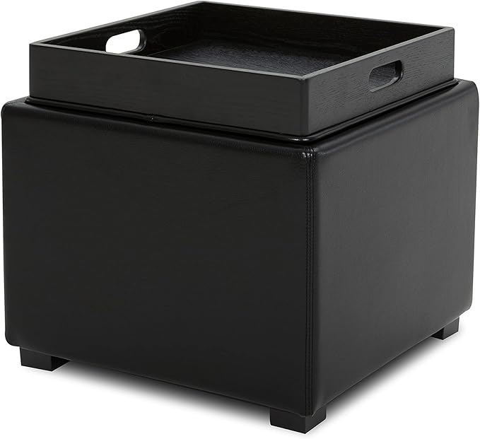 CHITA Storage Ottoman Cube with Tray Lid, Small Footstool with Storage, Square End Table for Living Room and Bedroom, Faux Leather in Black