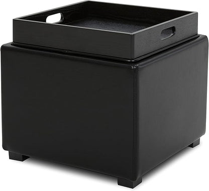 CHITA Storage Ottoman Cube with Tray Lid, Small Footstool with Storage, Square End Table for Living Room and Bedroom, Faux Leather in Black