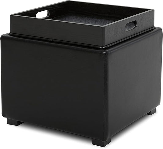 CHITA Storage Ottoman Cube with Tray Lid, Small Footstool with Storage, Square End Table for Living Room and Bedroom, Faux Leather in Black