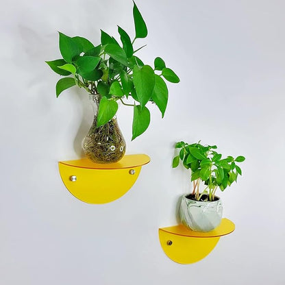 ROYALITA Small Acrylic Shelves Room Decor Floating Shelves (2-Pack, 8-inch Diameter) - Wall Mounted Display Stand for Plants, Toys, Makeup, and More - Ideal for Home and Office, Yellow
