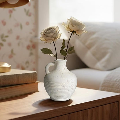 Sunddo White Ceramic Vase with Handles, Rustic Farmhouse Terracotta Small Vase, Pottery Decorative Flower for Home Decor, Table, Living Room, Bathroom, Shelf, Mantel Decor
