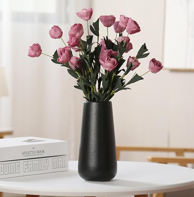 8 Inch Tall Matt Black Ceramic Vase for Flowers & Pampas Grass, Small Classic Rustic Style Decorative Vases for Home Decor Table Centerpieces