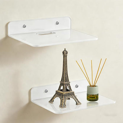 Small Floating Shelves Acrylic Wall Shelf 2 Pack Hanging Shelves for Bedroom, Gaming Room, Living Room, Bathroom, Office with Cable Clips (White)