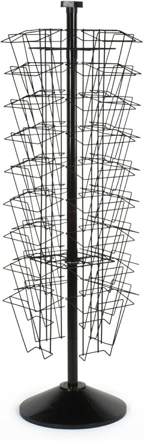 Displays2go 59 Inch Black Wire Tiered Rotating Magazine Stand with 36 Compartments, Floor Standing, Includes Sign Holder - Perfect for Lobbies, Offices, Retail Stores - Black (WSFM936PB)
