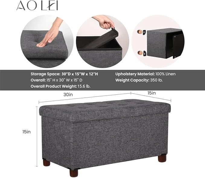 30 Inches Storage Ottoman Bench, Rect Grey, Modern, Classic Style, Linen Fabric, Walnut Wood Legs