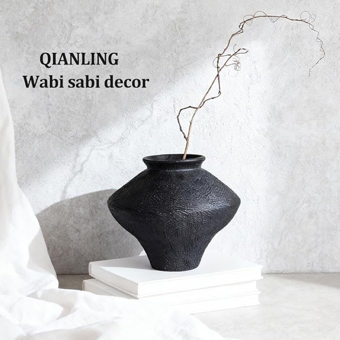Wabi Sabi Vintage Black Vase, 6.1" Tall Wabi Sabi Decor Rustic Farmhouse Pottery Vase for Centerpiece, Textured Pottery Flower Vases for Home Decorative, Table, Living Room, Bedroom, Bathroom, Kitchen