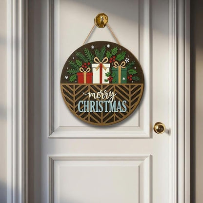 Merry Christmas Round Wooden Door Sign, Holiday Entry Wall Hanging, Charming Winter Porch Decoration, Warm Seasonal Home Accent Display, Perfect For Families And Friends Doorsign_281125_SR6_14