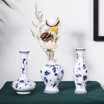 Blue and White Small Bud Vase Set, 3 Petite Classic Oriental Bottle Vases for Window sill, Mini Art Fambe Glaze Floral Porcelain Vase Idea Shelf décor and Coffee Table décor