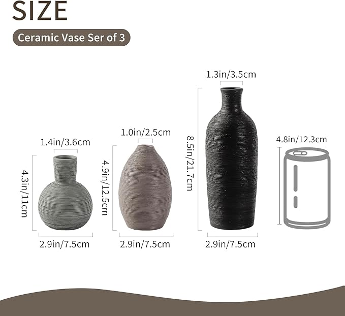 Ceramic Vases Set of 3 Home Decor Vases Modern Rustic Farmhouse Pottery Decorative Flower Vase for Pampas Grass Dried Fresh Flowers, Living Room, Table Centerpiece, Shelf, Mantel (Multicolor Black)