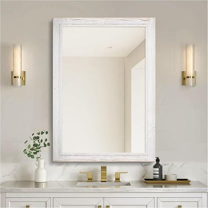 24 x 36 Rustic Wooden Framed Wall Mirror for Bathroom, White Wood with Orange Grain Vanity Rectangle Mirror for Over Sink, Waterproof, Decor Living Room, Bedroom, Entryway, Horizontal/Vertical