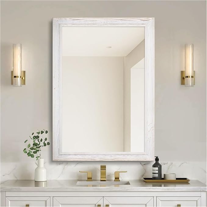 30 x 36 Rustic Wooden Framed Wall Mirror for Bathroom, White Wood with Orange Grain Vanity Rectangle Mirror for Over Sink, Waterproof, Decor Living Room, Bedroom, Entryway, Horizontal/Vertical