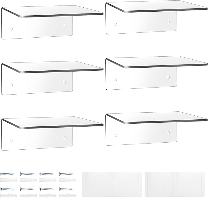 Wenqik Acrylic Floating Shelves for Wall 6 x 6 Inch Display Wall Shelf Clear Hanging Shelves with Adhesive Tape and Screw for Bathroom Bedroom Living Room Office Storage Decoration(6 Packs)