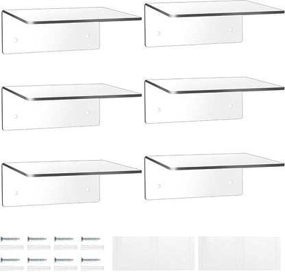 Wenqik Acrylic Floating Shelves for Wall 6 x 6 Inch Display Wall Shelf Clear Hanging Shelves with Adhesive Tape and Screw for Bathroom Bedroom Living Room Office Storage Decoration(6 Packs)