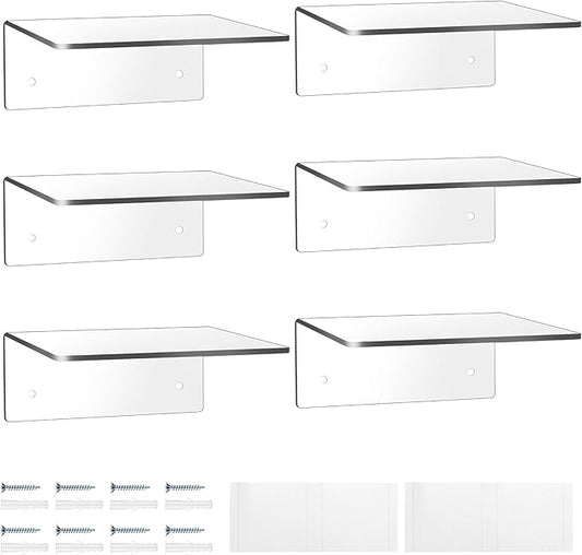 Wenqik Acrylic Floating Shelves for Wall 6 x 6 Inch Display Wall Shelf Clear Hanging Shelves with Adhesive Tape and Screw for Bathroom Bedroom Living Room Office Storage Decoration(6 Packs)