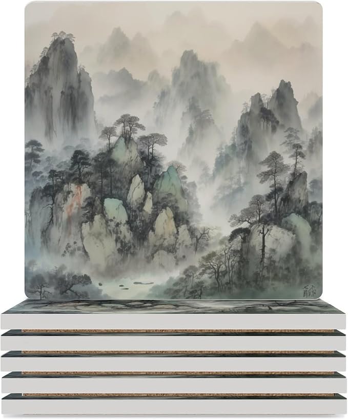 6PCS Forest Ceramic Coasters, Square Absorbent Drink Coasters, Watercolor Japan China Style Nature Mountain Woodland Green Forest Ceramic Table Coasters for Coffee, Beverage, Wine, Beer Coasters
