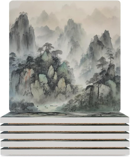 6PCS Forest Ceramic Coasters, Square Absorbent Drink Coasters, Watercolor Japan China Style Nature Mountain Woodland Green Forest Ceramic Table Coasters for Coffee, Beverage, Wine, Beer Coasters