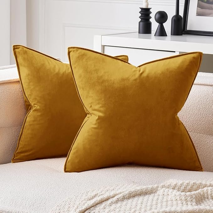 MIULEE Fall Pack of 2 Mustard Yellow Decorative Velvet Throw Pillow Covers Soft Pillowcases Solid Square Cushion Case for Summer Sofa Bedroom Car 20x20 Inch