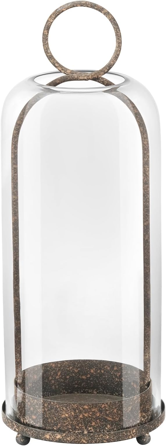 16" High Versatile Modern Metal Hurricane Lantern with Handmade Sturdy Glass Dome in Rustic Brown for Pillar Candle & Plants, Industrial, Farmhouse, Shabby Chic (Brown, 6.3:x16.5)