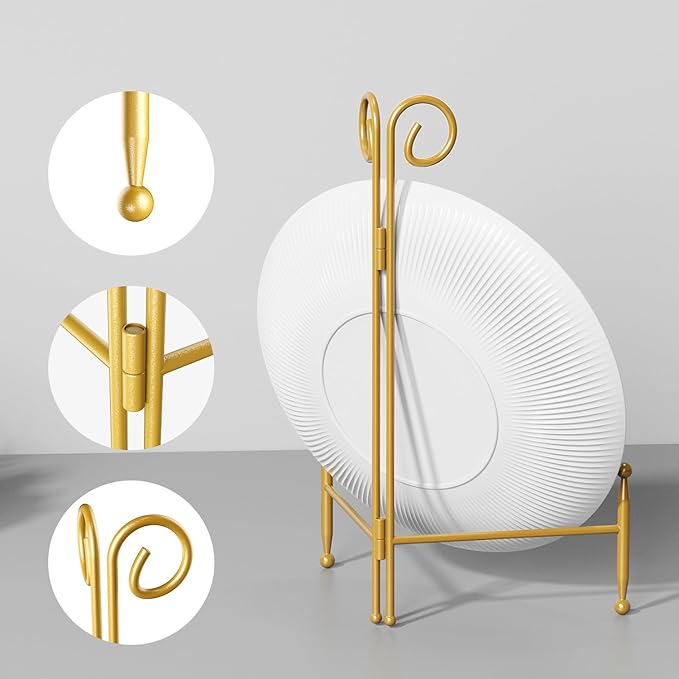 SVENJBB 10 Inch Plate Stands for Display, Gold Metal Frame Holder Stand for Picture and Decorative Plate, Collapsible Easel Display Stand for Platter, Book and Art (2 Pack)
