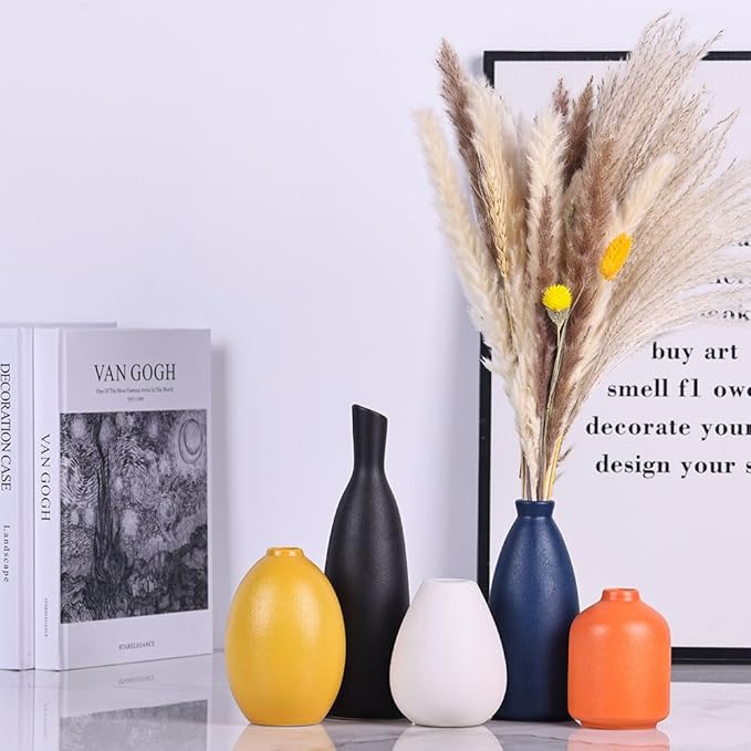 Colorful Ceramic Bud Vases Set of 5 - Modern Yellow, Orange, Blue Small Vases for Home Decor - Ideal for Living Room, Kitchen, Office, Bathroom, Mantle, Entrance, Farmhouse & Coffee Table Decorations
