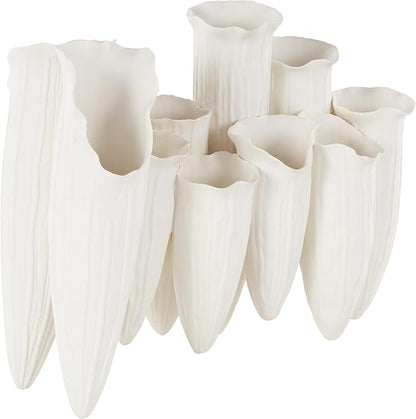 Deco 79 Ceramic Abstract Floral Inspired Vase with Linear Grooves and 10 Openings, 14" x 5" x 11", White