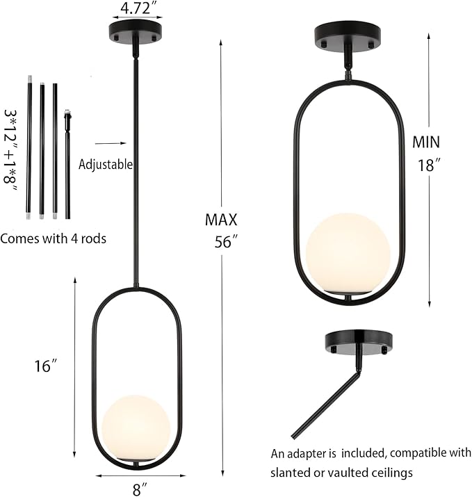 Modern Globe Pendant Light Mid Century Chandelier 1-Light Matte Black Ceiling Hanging Lighting Fixture with White Globe Glass Shade for Kitchen Island Dining Room Bedroom