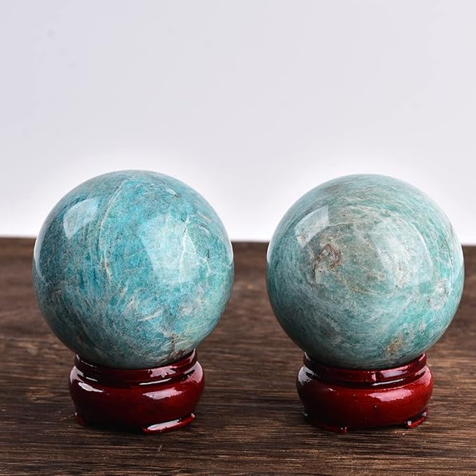 JIC Gem Amazonite Crystal Ball Sphere with Wood Stand Blue Gemstone Sphere Healing Crystal Balls for Reiki Chakra Decoration Fengshui (90-100mm)
