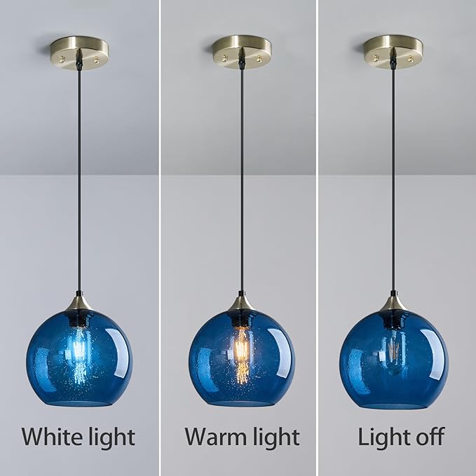 Blue Glass Pendant Lights Kitchen Island Lighting Globe Pendant Light Fixtures Modern Pendant Lighting for Kitchen Island Bedroom Living Dining Room Light Fixture(7.87in, 3-Pack)