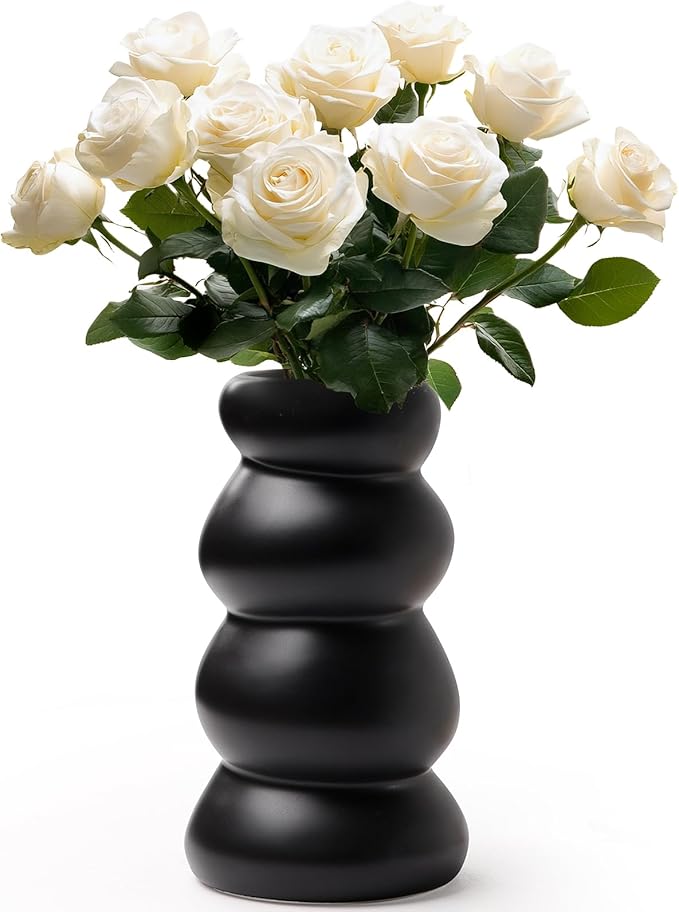 BosilunLife Ceramic Vase with Stacked Bubble Design – Boho Modern Sculptural Flower Vase for Home Decor, Shelf or Table Centerpiece (Black)