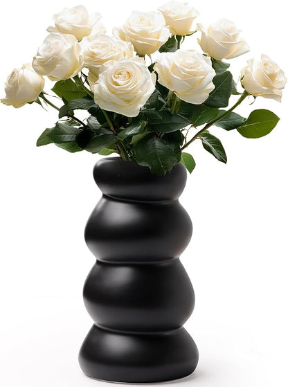 BosilunLife Ceramic Vase with Stacked Bubble Design – Boho Modern Sculptural Flower Vase for Home Decor, Shelf or Table Centerpiece (Black)